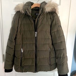 DKNY Quilted Jacket With Removable Faux Fur Hood